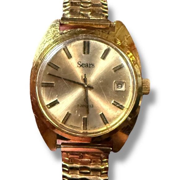 VTG Sears & Roebuck Co Watch Mens Gold Tone Manual Wind Stretch Bracelet WORKS - Picture 3 of 9
